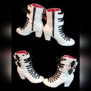 Goodgoth White Coffin Buckle High Heel Boots